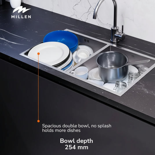 MILLEN Handmade Undermount Sink, Double Bowl, Satin Finish, Soundproof, Color Stainless Steel Model – MSDB12764525SS – 1 Year Warranty