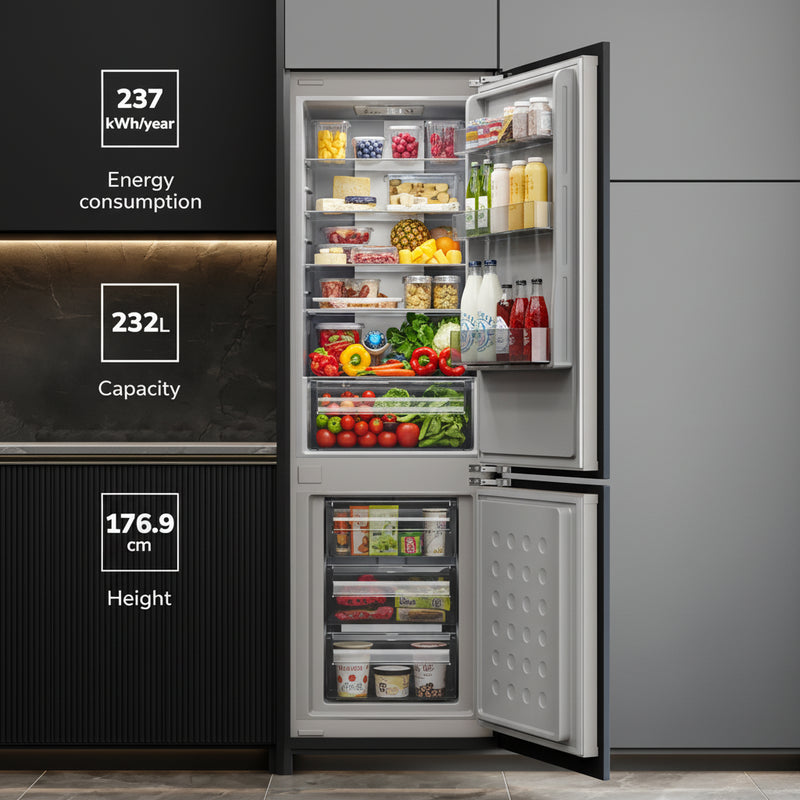 Load image into Gallery viewer, MILLEN 232 Liter Built-In-Refrigerator , Bottom Freezer, Double Door, No Frost, Electronic Control, Color Grey Model – MBIA177.3ID- 1 Year Full 5 Years Compressor Warranty.
