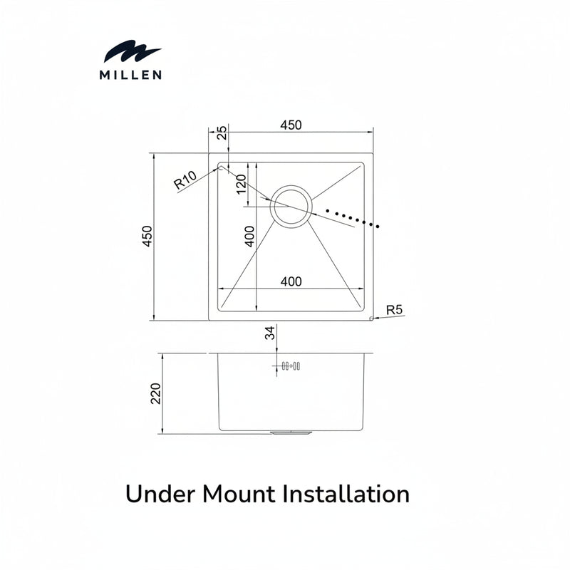 Load image into Gallery viewer, Millen Undermount Sink, Single Bowl, Satin Finish, Soundproof, Color Stainless Steel Model – MS454522SS – 1 Year Warranty.
