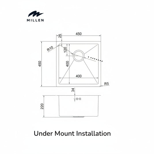 Millen Undermount Sink, Single Bowl, Satin Finish, Soundproof, Color Stainless Steel Model – MS454522SS – 1 Year Warranty.