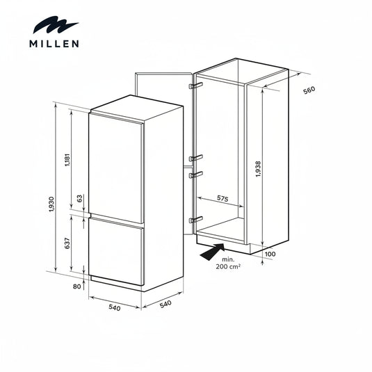Millen Built-in Refrigerator, 260L Capacity, No Frost, 2 Door Fridge-Freezer, Electronic Control, LED Backlight, Inverter compressor, MBIA 193.3ID white 3 Year Warranty