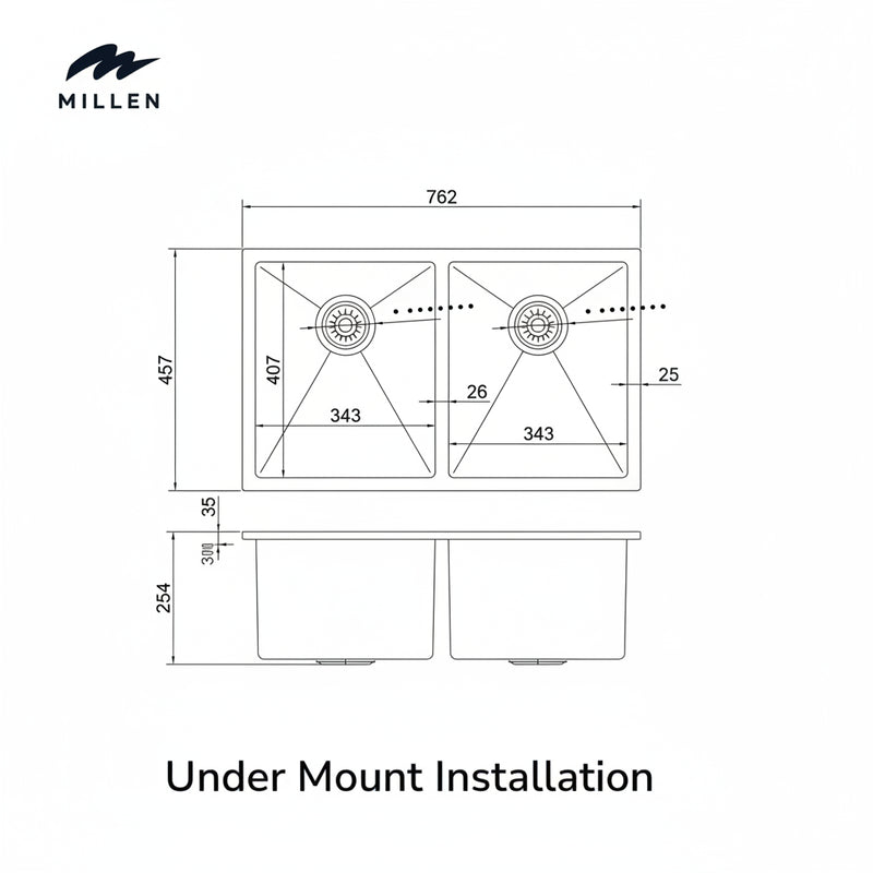 Load image into Gallery viewer, MILLEN Handmade Undermount Sink, Double Bowl, Satin Finish, Soundproof, Color Stainless Steel Model – MSDB12764525SS – 1 Year Warranty
