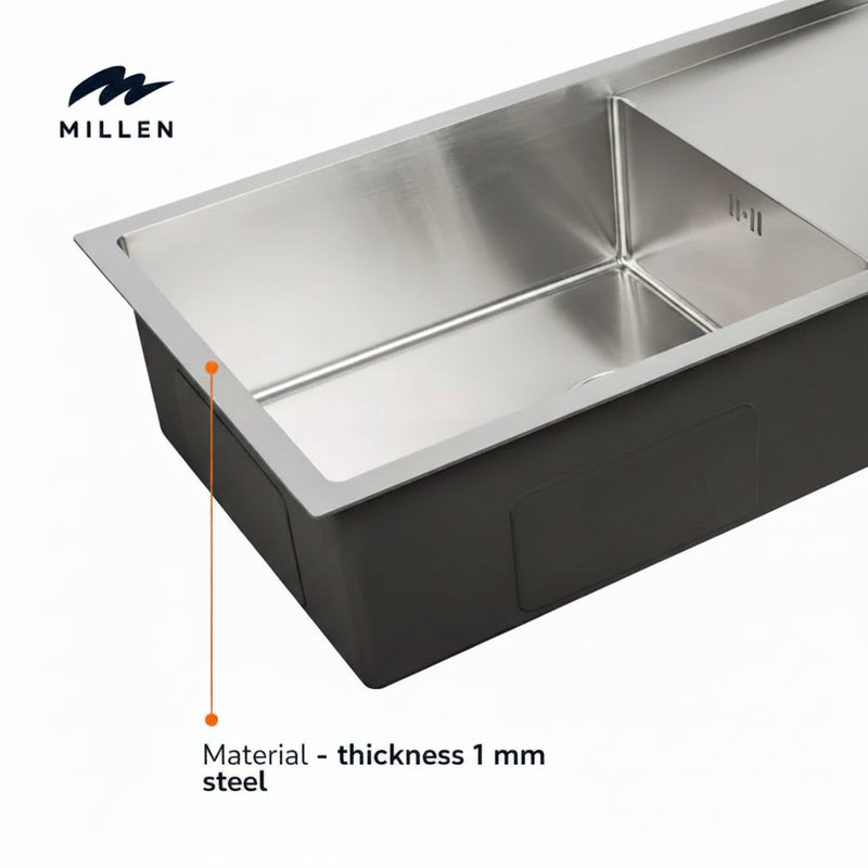 Load image into Gallery viewer, Millen Premium Handmade Undermount Top mount Single Bowl Sink With Drainer - SUS 304 Stainless Steel, Soundproof, Satin Finish - MSD854420SS
