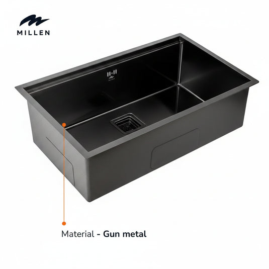 Millen Premium Handmade Undermount Single Bowl Sink With Accessories - SUS 304 Stainless Steel, Soundproof, Gunmetal Satin Finish - MS15835025GM